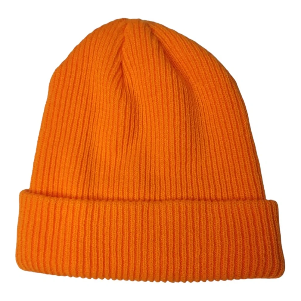 Unisex Solid Orange Plain Knit Beanie, Warm Slouchy Skull Hat Winter and Ski Cap - Picture 1 of 6